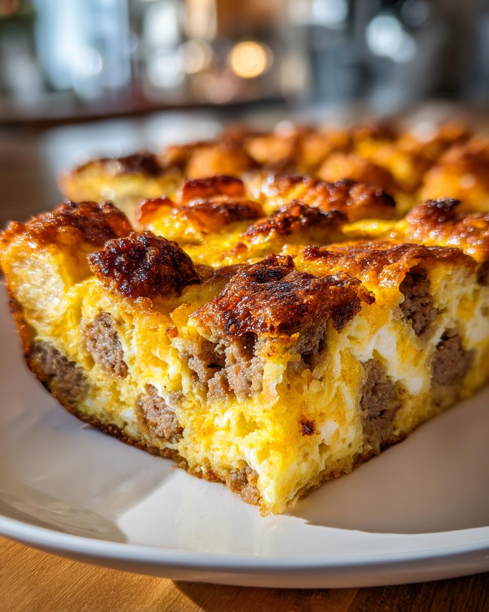 A close-up slice of a hearty sausage and egg bake showing a golden-brown, crusty top and savory filling.