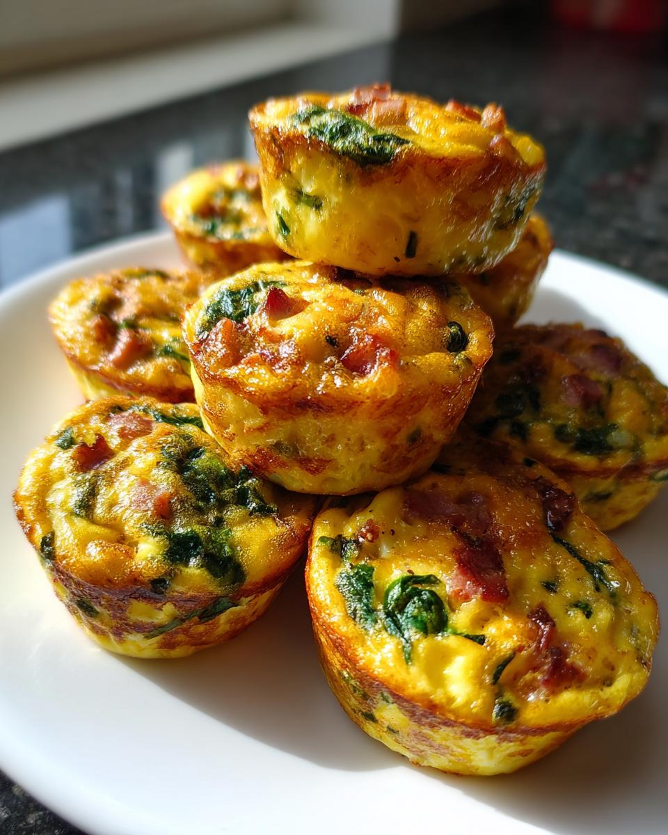 A stack of golden brown, baked egg bites filled with spinach and bacon, perfect for a quick egg breakfast.