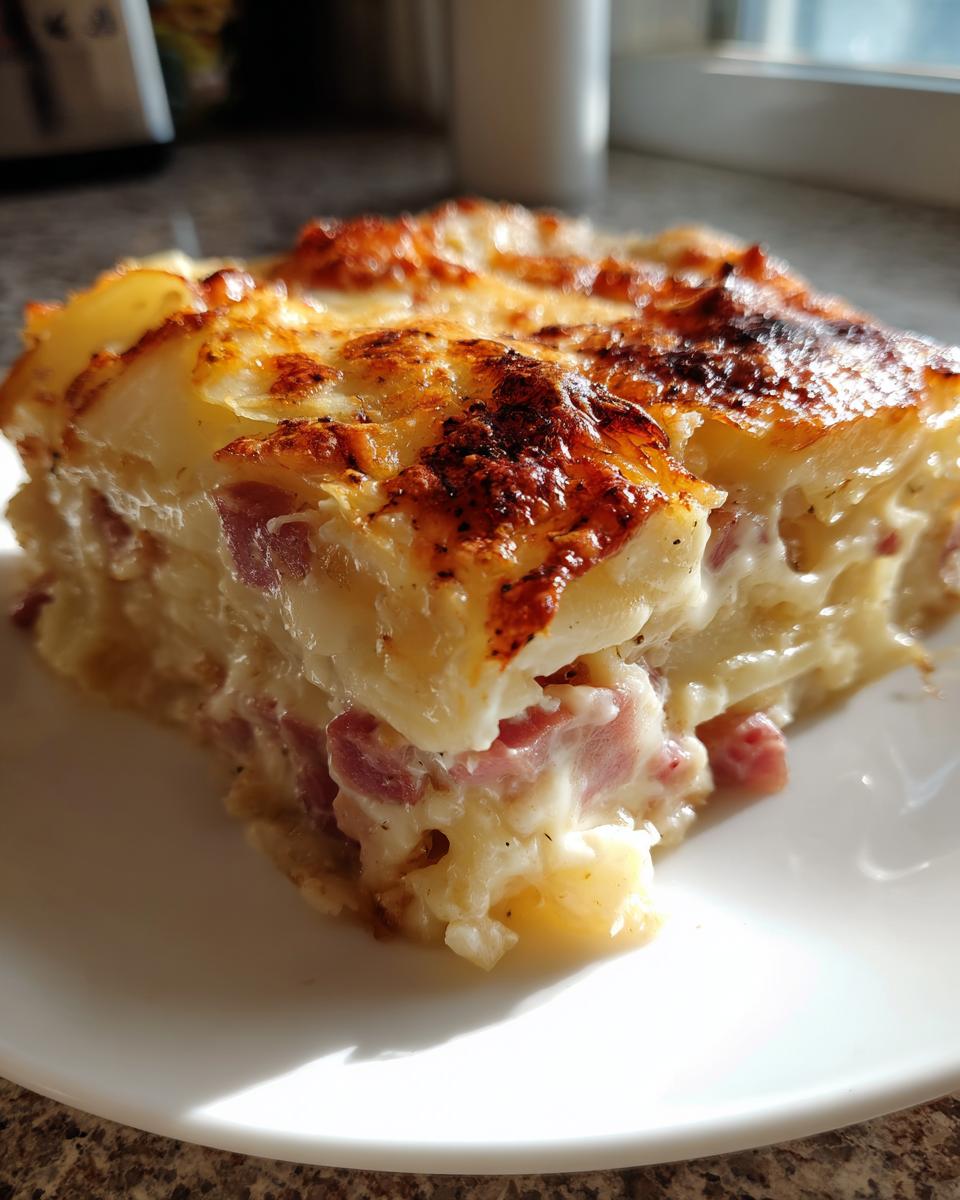 Close-up of a square serving of creamy scalloped potatoes and ham with a beautifully browned and cheesy top.