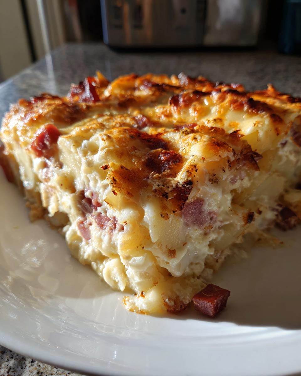 Close-up of a serving of scalloped potatoes and ham, showing layers of creamy potatoes and diced ham with a golden, bubbly cheese crust.