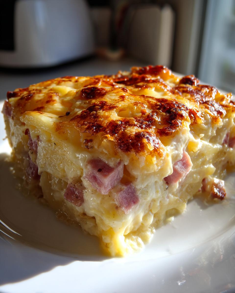 Close-up of a rich, cheesy slice of scalloped potatoes and ham with a golden-brown crust.