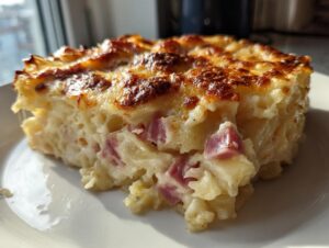Close-up of a rich, creamy slice of scalloped potatoes and ham with a golden-brown, bubbly cheese crust.