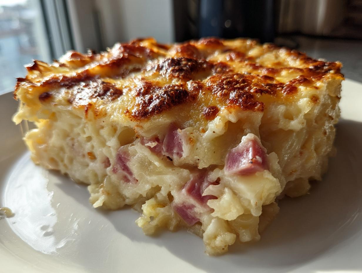 Close-up of a rich, creamy slice of scalloped potatoes and ham with a golden-brown, bubbly cheese crust.
