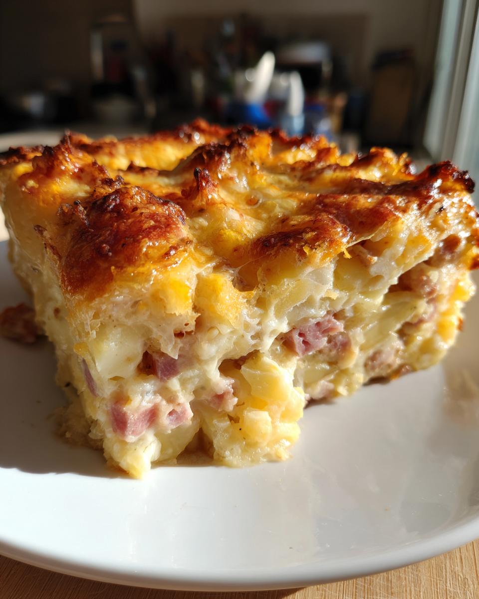Close-up of a cheesy, baked slice of scalloped potatoes and ham with a golden-brown crust.