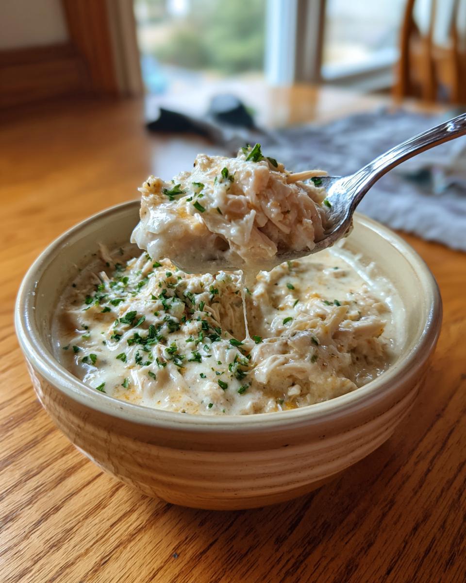 A spoonful of creamy, shredded cream cheese chicken chili being lifted from a bowl, garnished with fresh parsley.