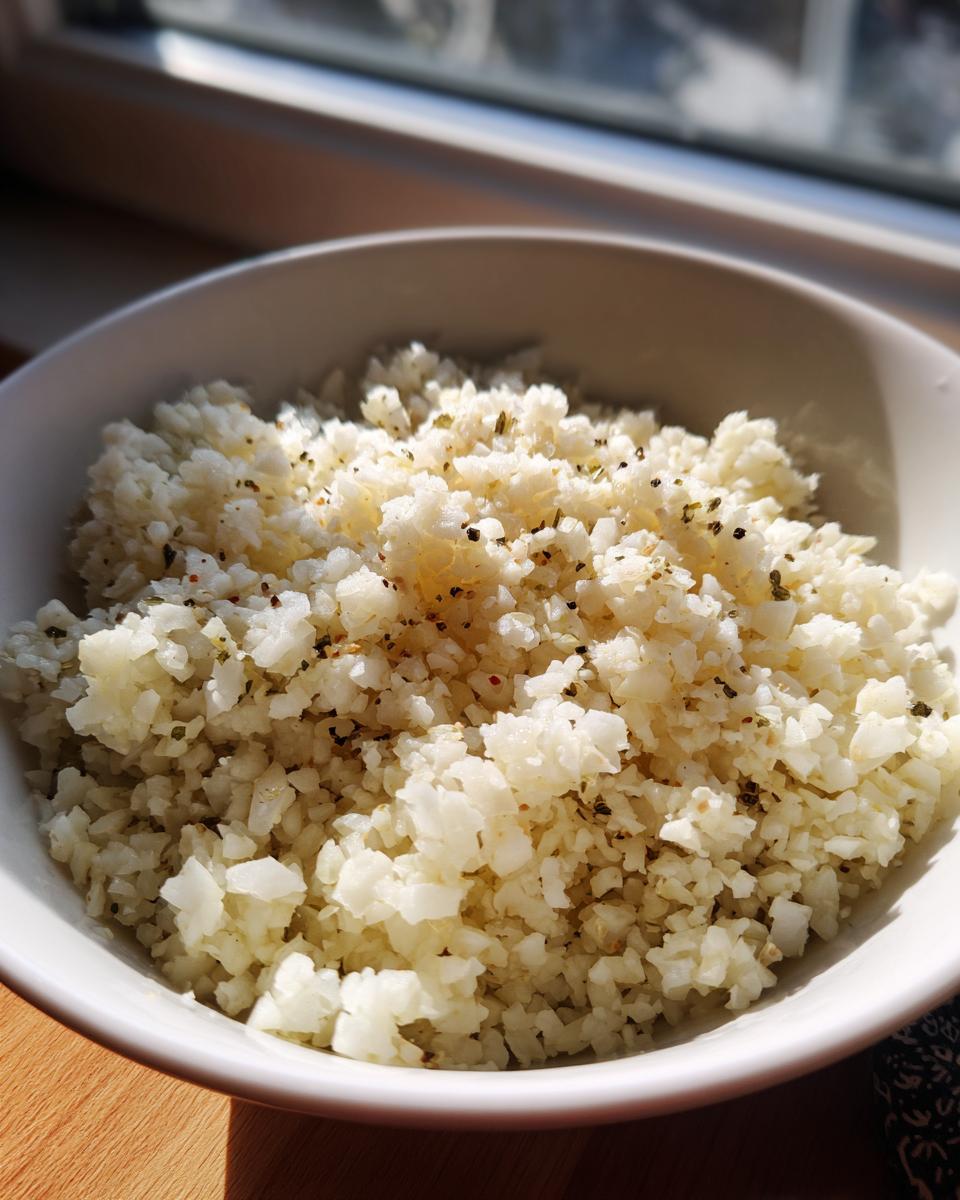 Close-up of fluffy, white cauliflower rice seasoned with herbs and pepper in a white bowl.