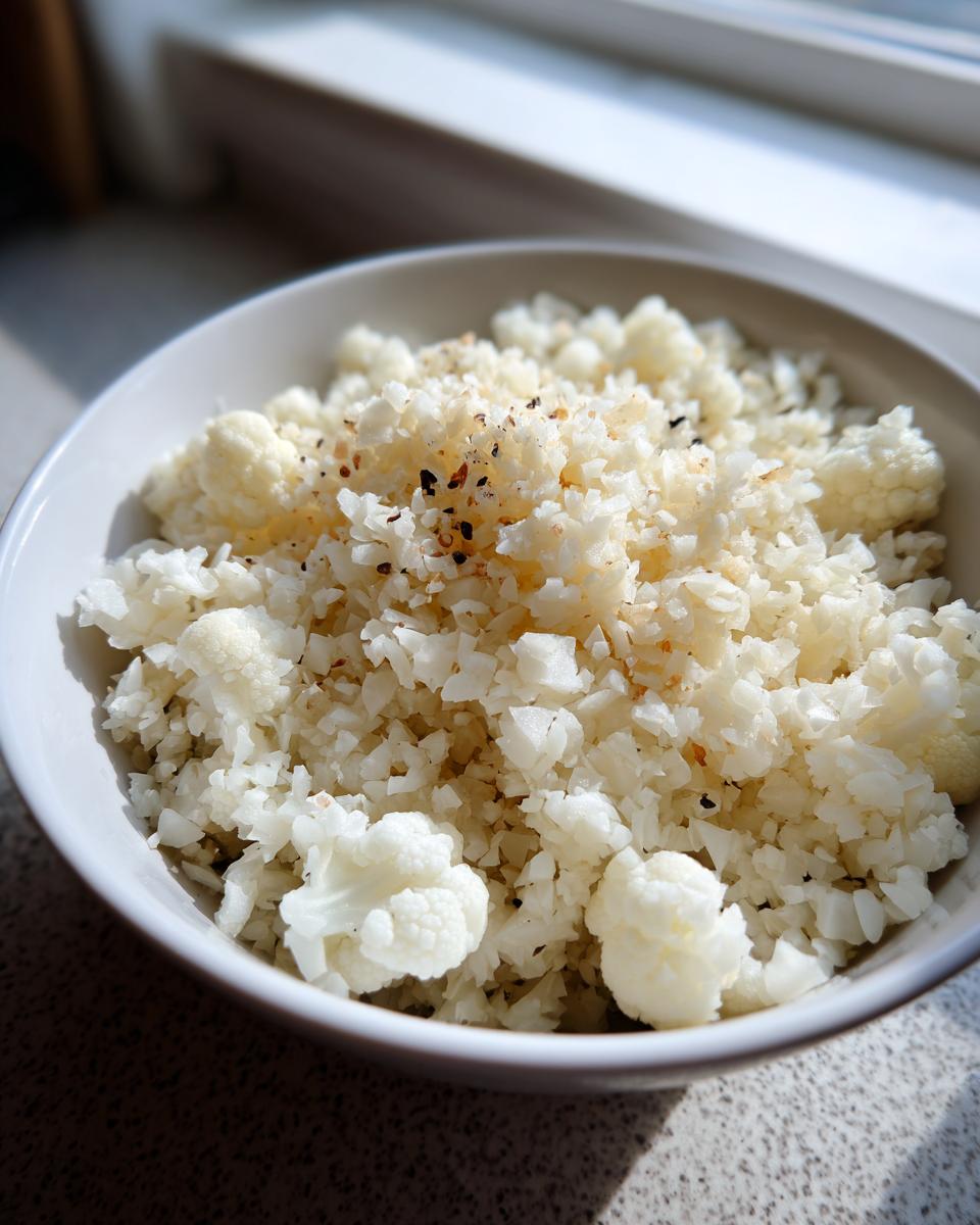 A white bowl filled with fluffy, seasoned cauliflower rice, sitting near a sunlit window.