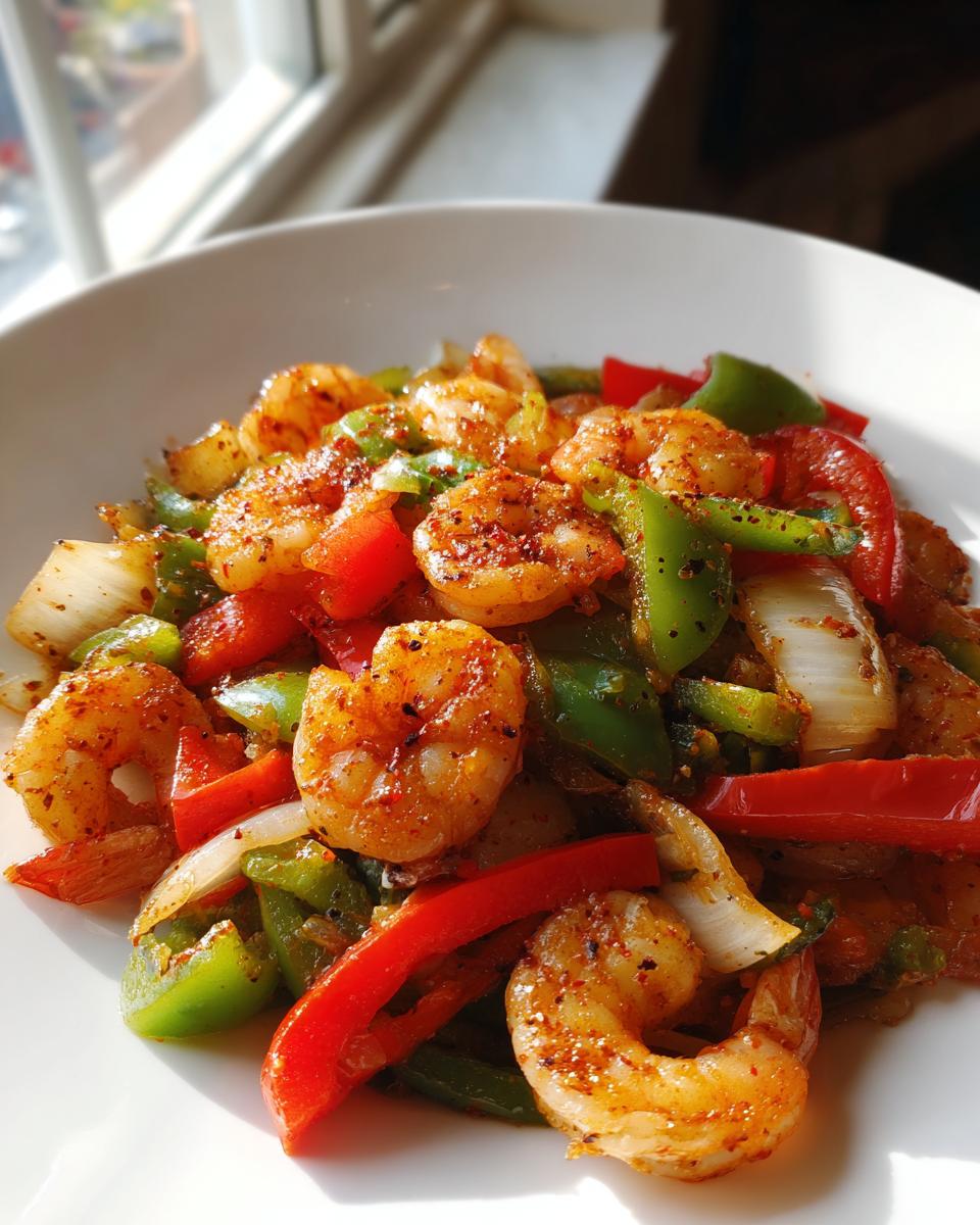 Close-up of seasoned shrimp mixed with sautéed red and green bell peppers and onions for shrimp fajitas.