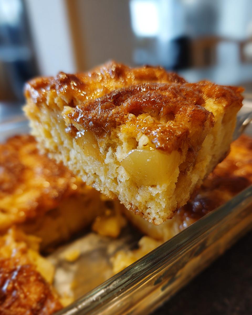 A close-up of a square piece of moist caramel apple dump cake being lifted from a glass baking dish.