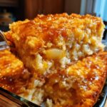 A spoonful of moist caramel apple dump cake being lifted from the baking dish, showing gooey apples and caramel topping.