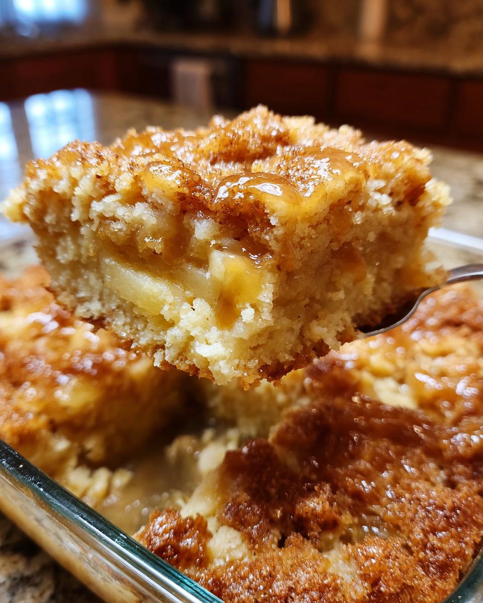 A spoonful of moist caramel apple dump cake being lifted from a glass baking dish.