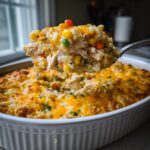 A spoonful of cheesy chicken and rice casserole lifted from a white baking dish.