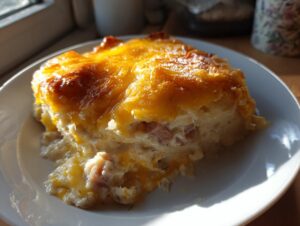 A close-up serving of creamy pierogi casserole topped with melted, golden-brown cheese on a white plate.