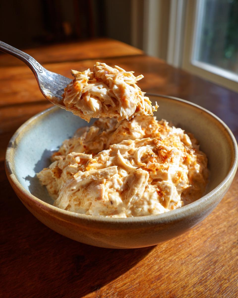 A fork lifting a bite of creamy, shredded chicken from a bowl of cream cheese chicken chili.