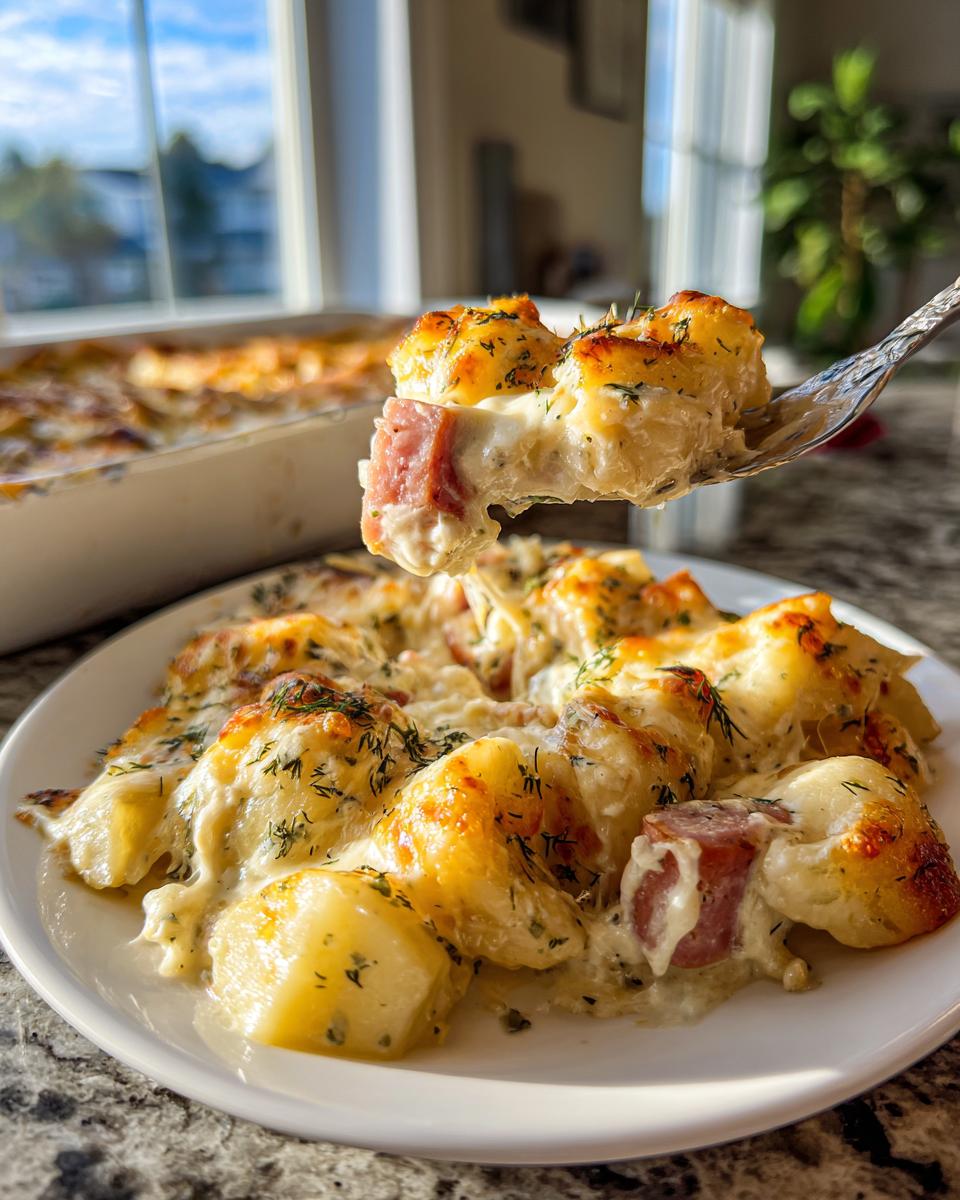 A fork lifts a cheesy, creamy bite of pierogi casserole topped with dill over a plate of the baked dish.
