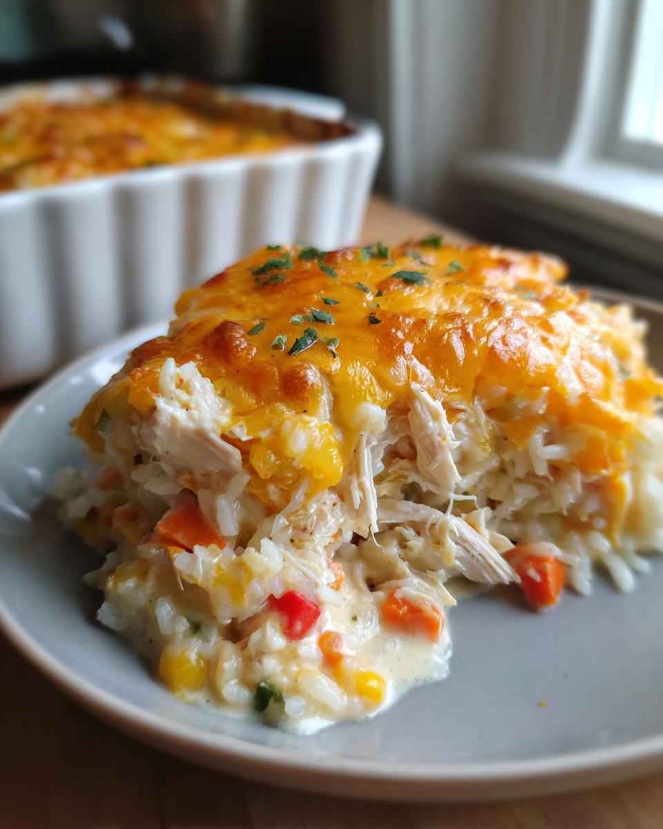 A close-up serving of creamy chicken and rice casserole topped with melted cheddar cheese.