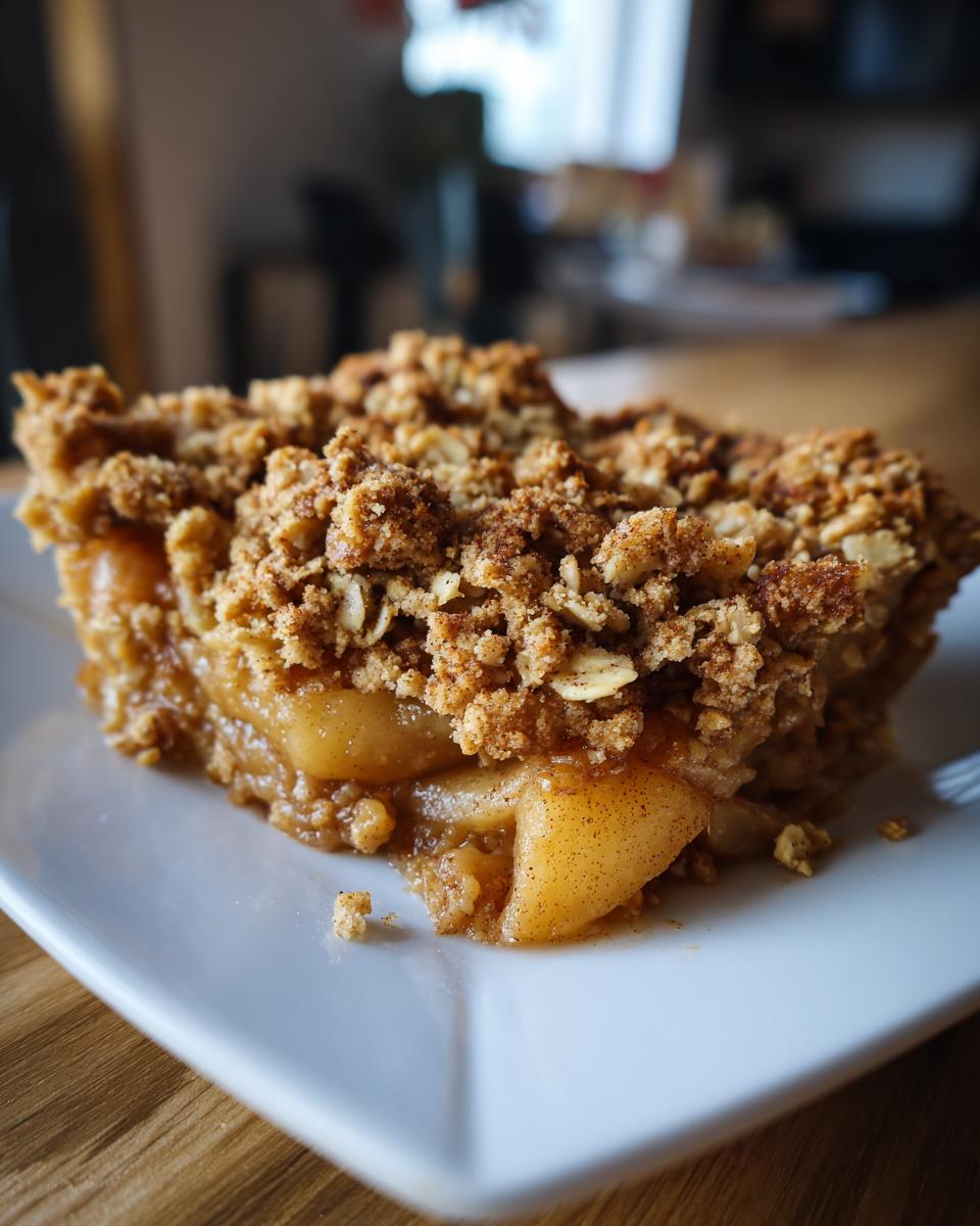 A close-up shot of a square serving of warm pear crisp with a thick, crumbly oat topping on a white plate.