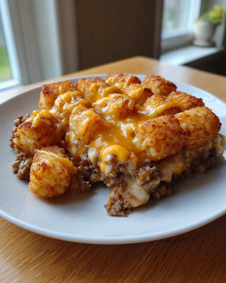 A hearty serving of tater tot casserole featuring crispy tater tots and melted cheddar cheese over ground beef filling.
