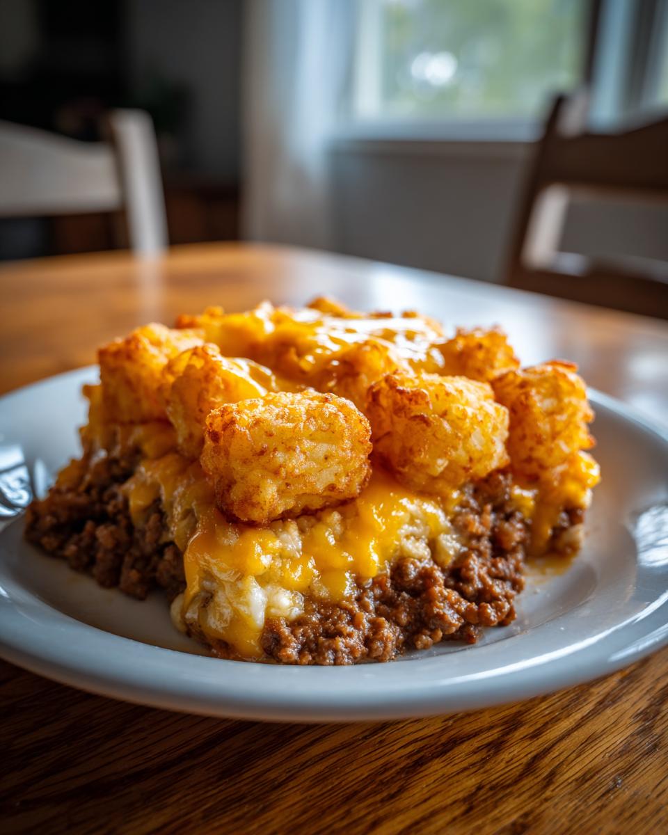 A hearty serving of tater tot casserole featuring crispy tater tots, ground beef, and melted cheddar cheese on a white plate.