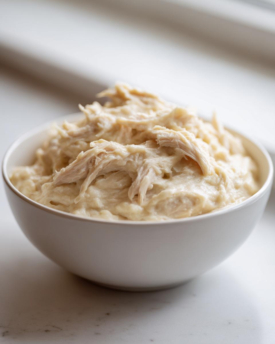 Close-up of shredded chicken mixed into a thick, creamy base, likely for homemade cream of chicken soup.