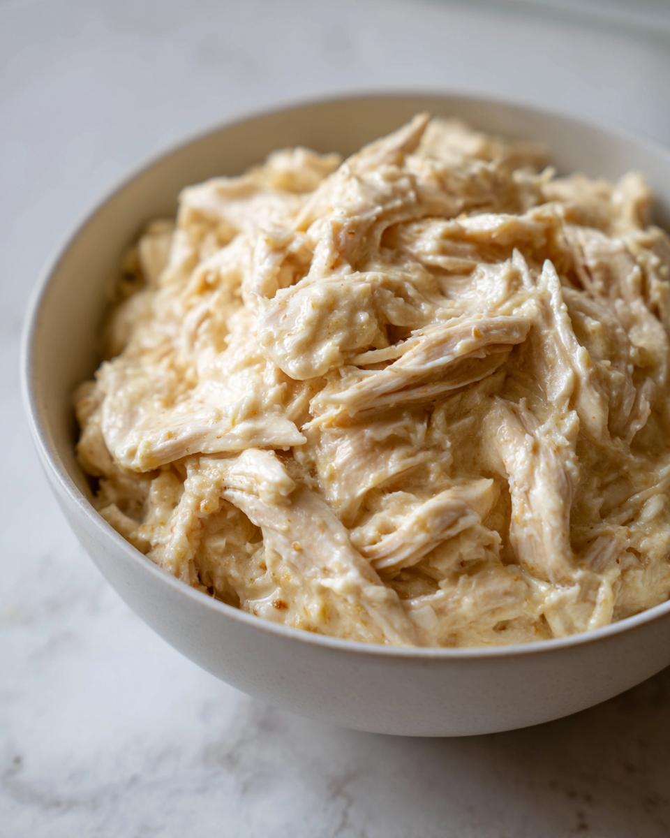 Close-up of shredded chicken coated in a thick, creamy sauce, ready for cream of chicken soup.