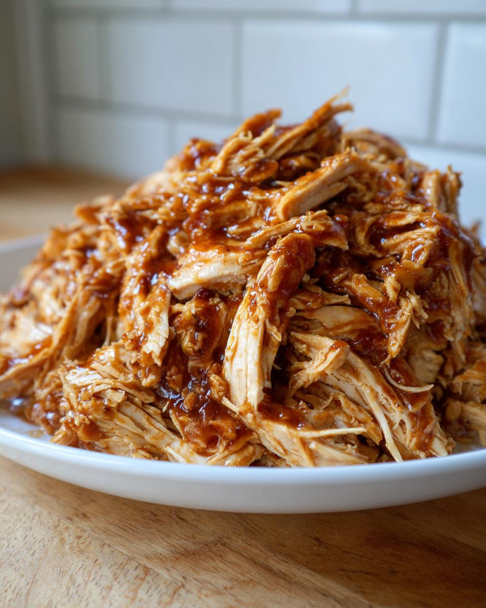 A close-up of shredded crockpot teriyaki chicken piled high on a white plate, coated in glossy teriyaki sauce.