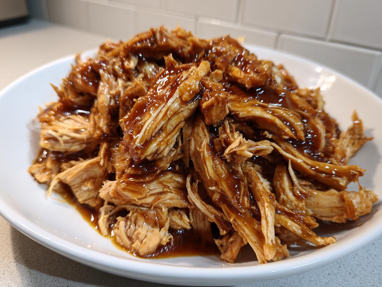 Close-up of shredded crockpot teriyaki chicken piled high on a white plate, glistening with dark teriyaki sauce.