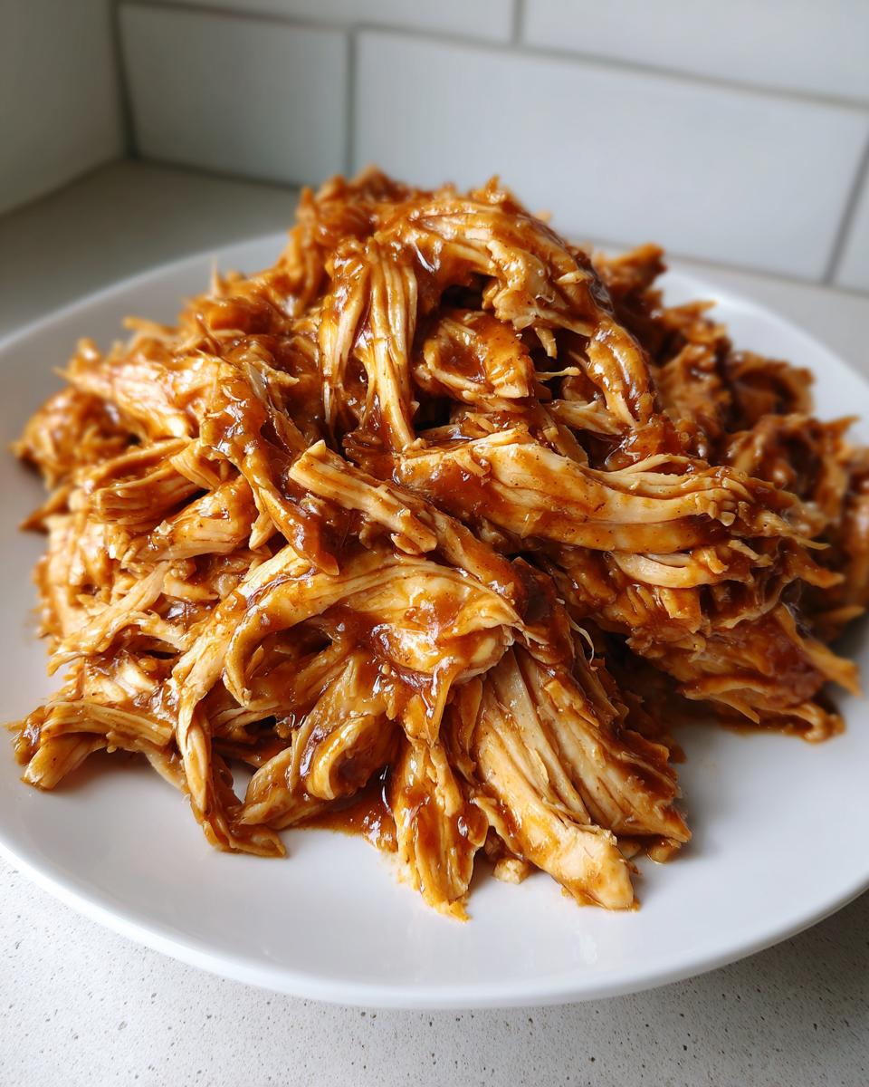 A close-up shot of moist, shredded crockpot teriyaki chicken piled high on a white plate.