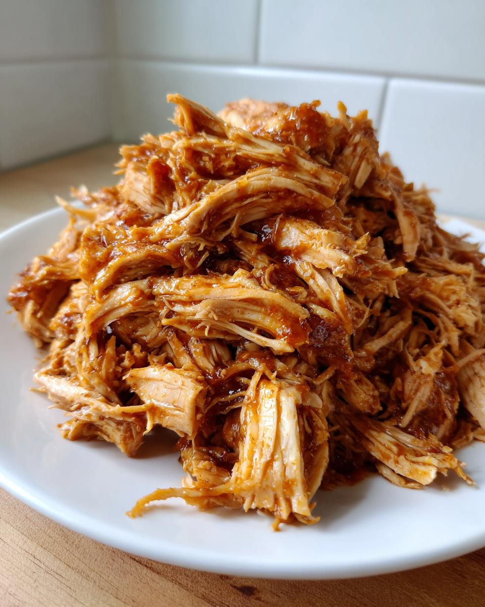 A close-up of a generous pile of shredded crockpot teriyaki chicken coated in a glossy sauce, served on a white plate.