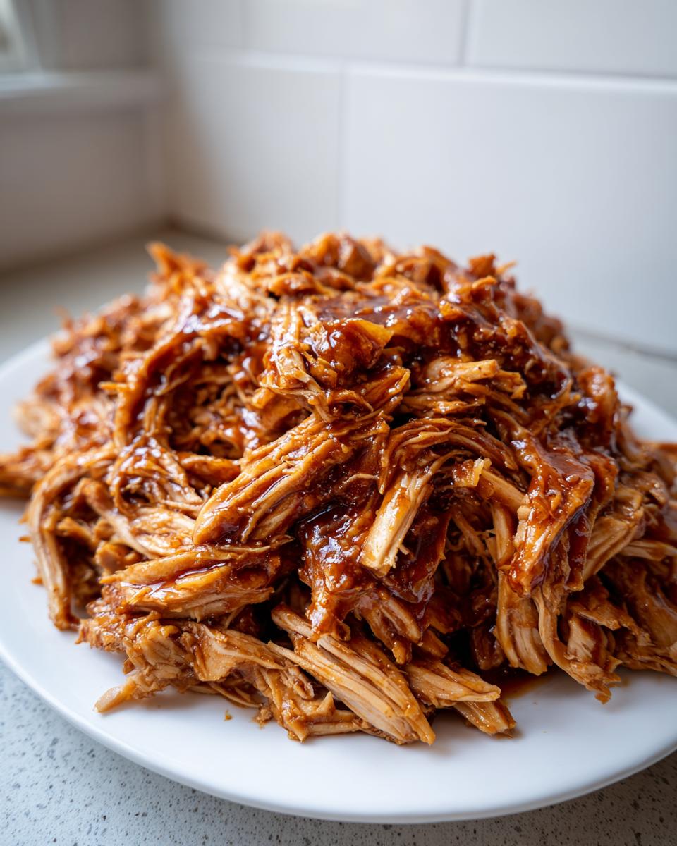 A close-up of shredded, saucy crockpot teriyaki chicken piled high on a white plate.