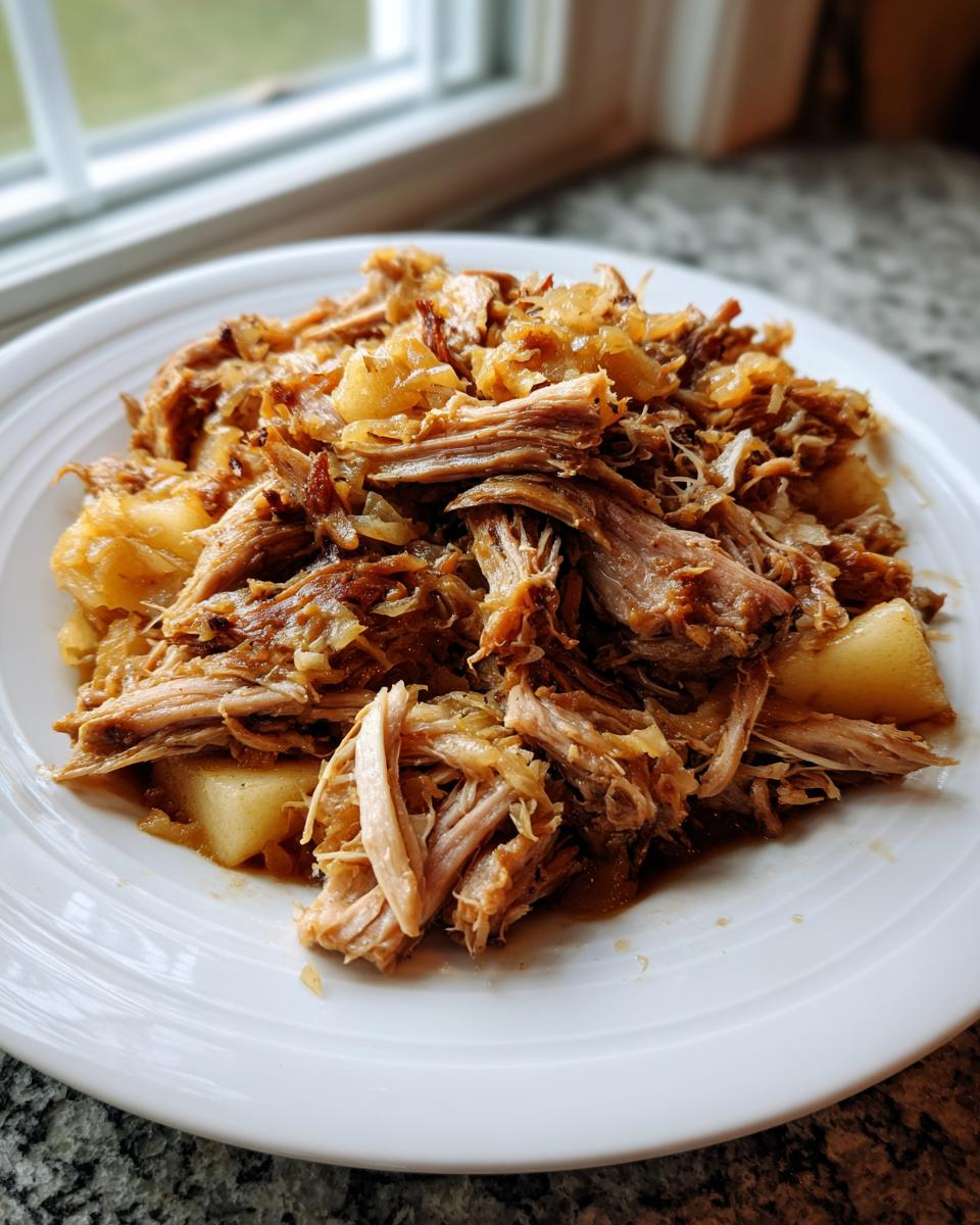 Close-up of shredded pork and sauerkraut served on a white plate, ready to eat.