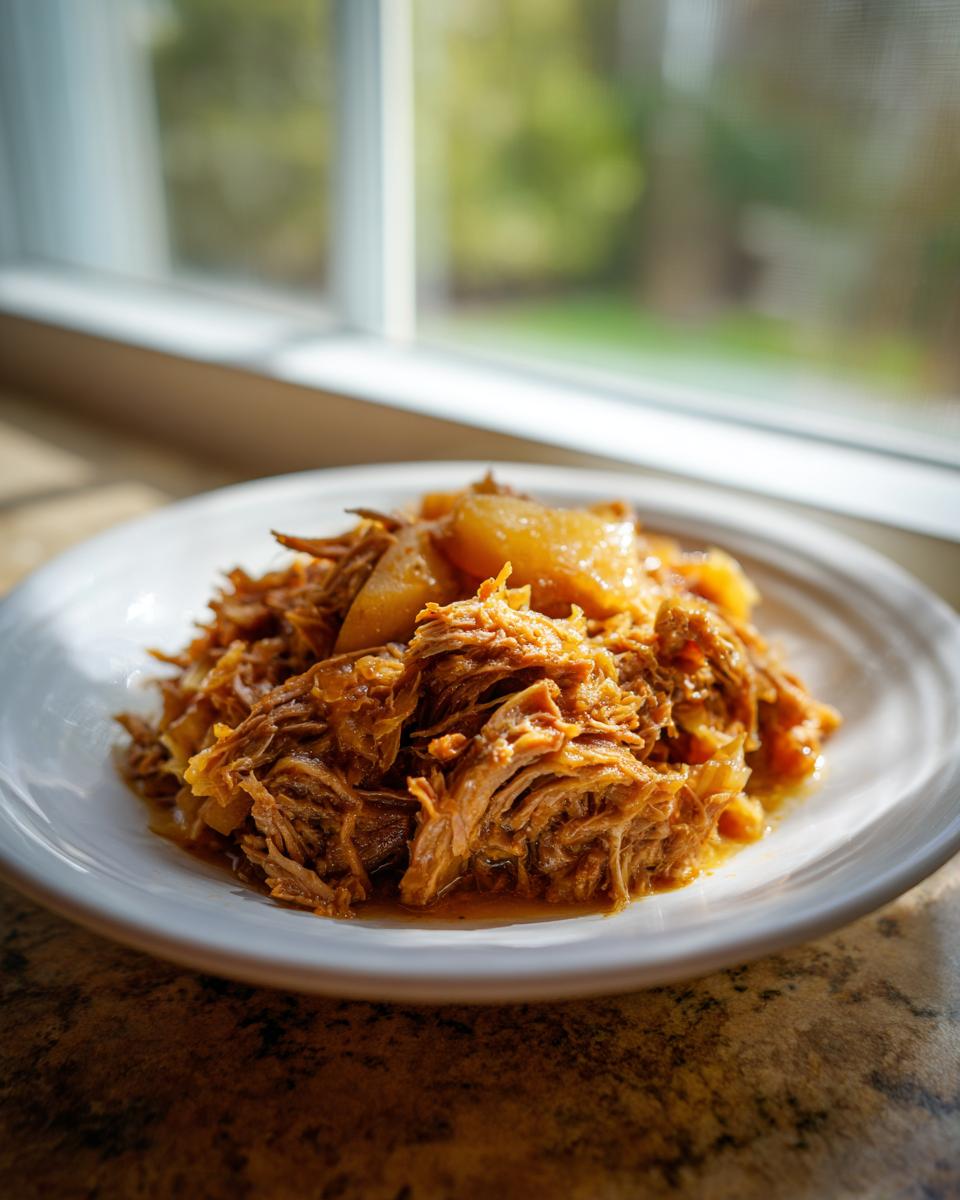 A close-up of shredded pork and sauerkraut served on a white plate, illuminated by natural light.