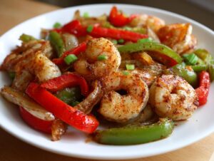 Close-up of seasoned shrimp fajitas featuring sautéed shrimp, red and green bell peppers, and onions on a white plate.