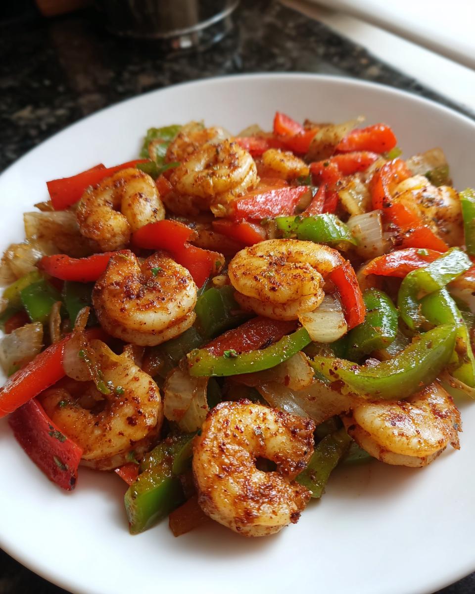 Close-up of seasoned shrimp fajitas mix featuring plump shrimp, sautéed red and green bell peppers, and onions on a white plate.
