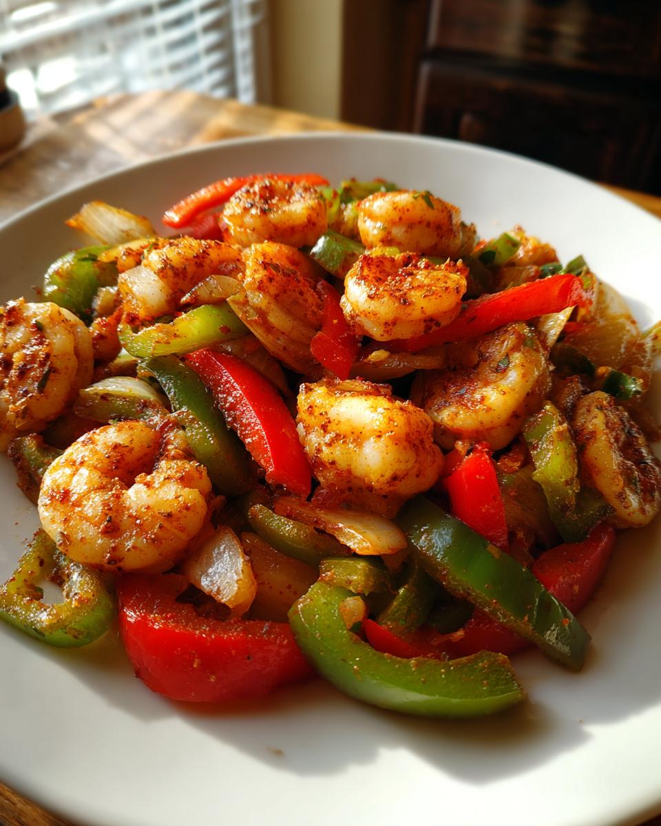 Close-up of seasoned shrimp fajitas featuring sautéed shrimp, red bell peppers, green bell peppers, and onions on a white plate.