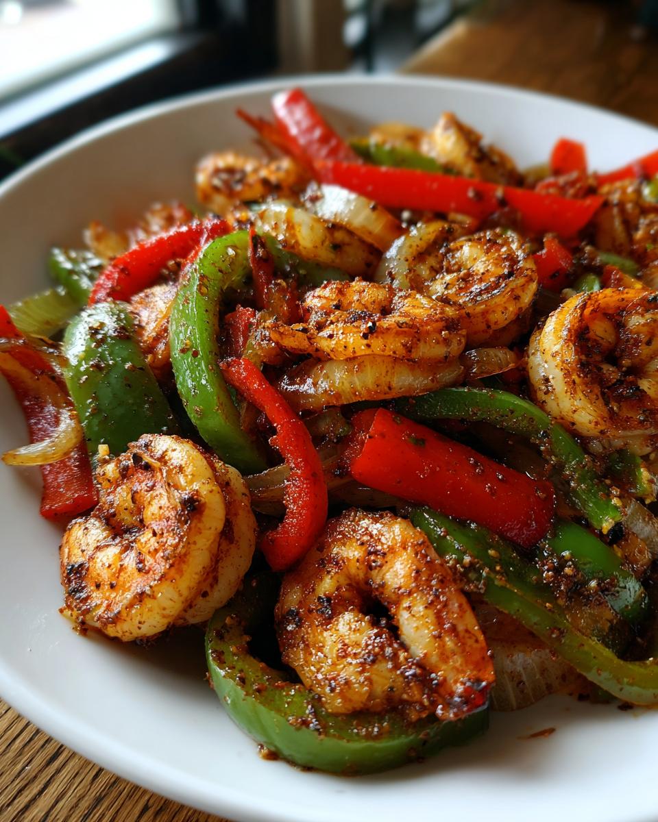 Close-up of perfectly seasoned shrimp fajitas with vibrant red and green bell peppers and onions in a white bowl.