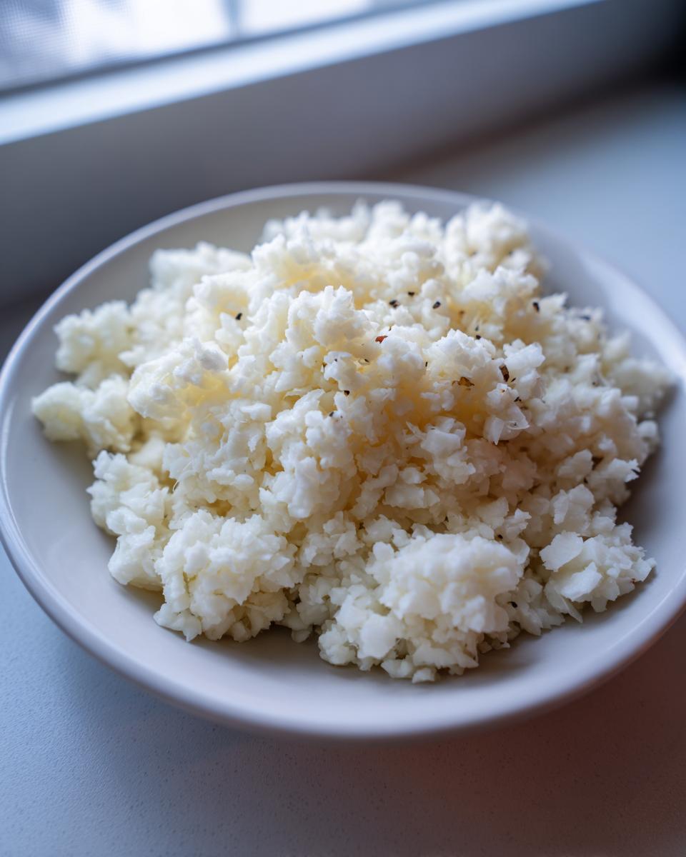 A close-up of a white bowl filled with fluffy, white cauliflower rice, lightly seasoned.