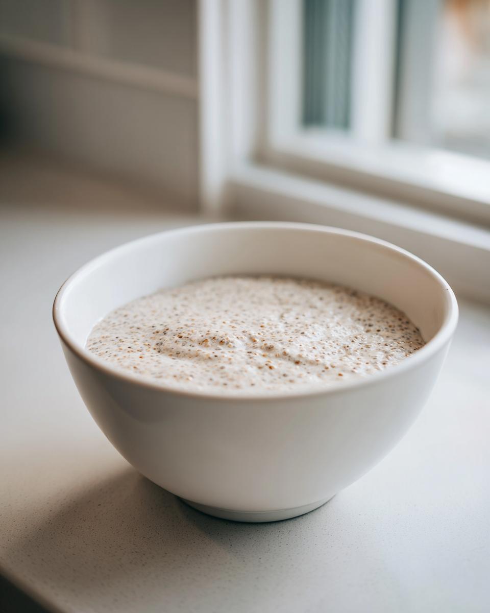 A white bowl filled with creamy, speckled chia seed pudding resting on a light countertop near a window.