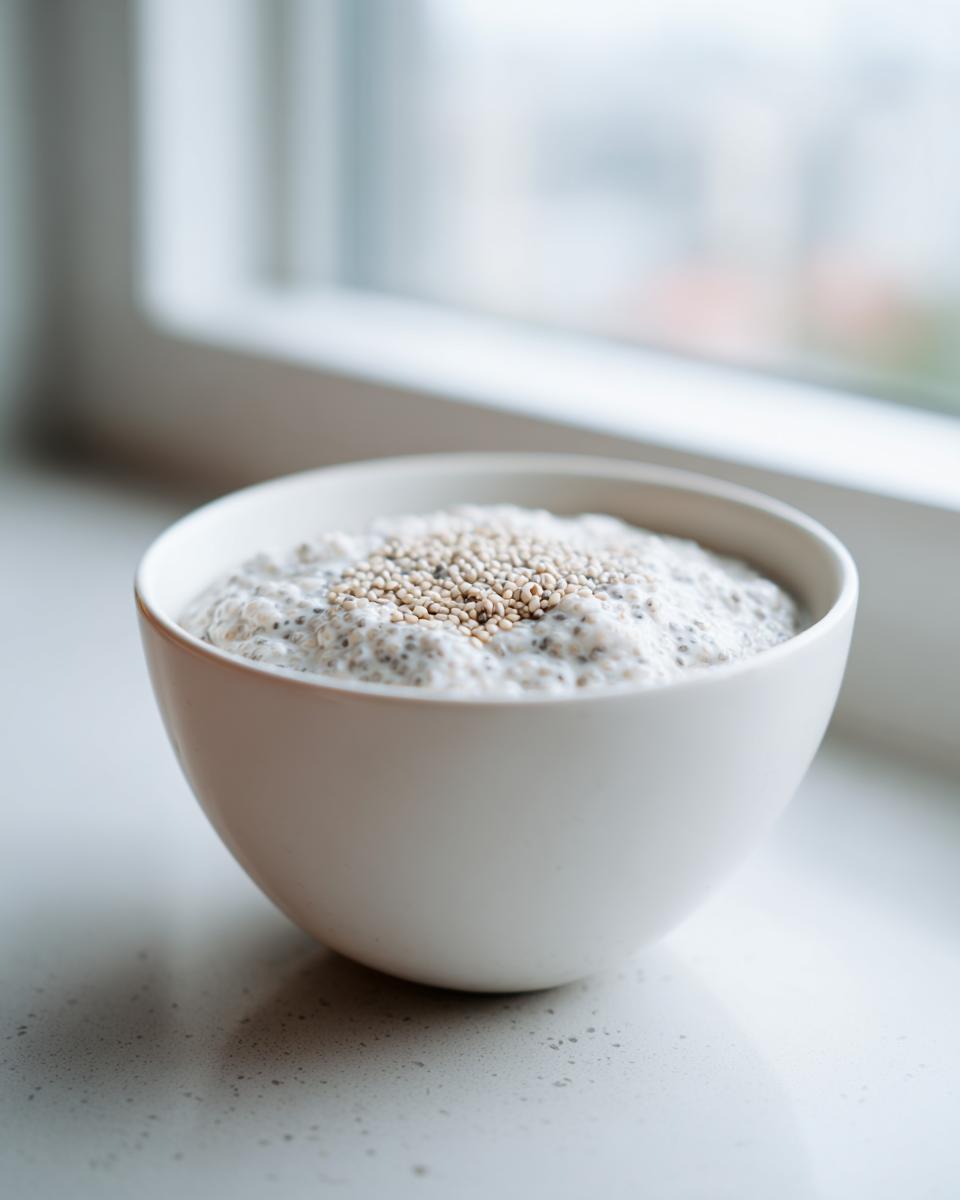 A white bowl filled with creamy chia seed pudding, topped with a small pile of light-colored seeds.