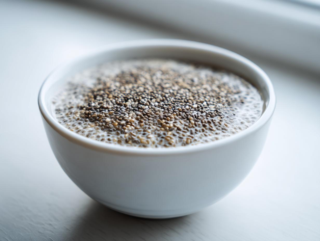 Close-up of a white bowl filled with freshly made chia seed pudding, showing the hydrated seeds.