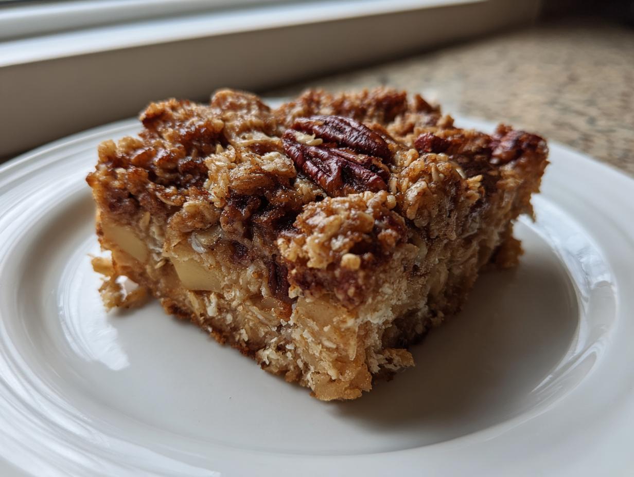 A square slice of baked oatmeal topped with a crunchy pecan and oat crumble, served on a white plate.