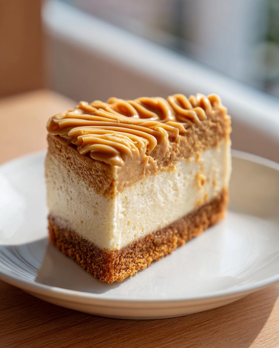 A perfect slice of creamy biscoff cheesecake with a thick graham cracker crust and piped topping.