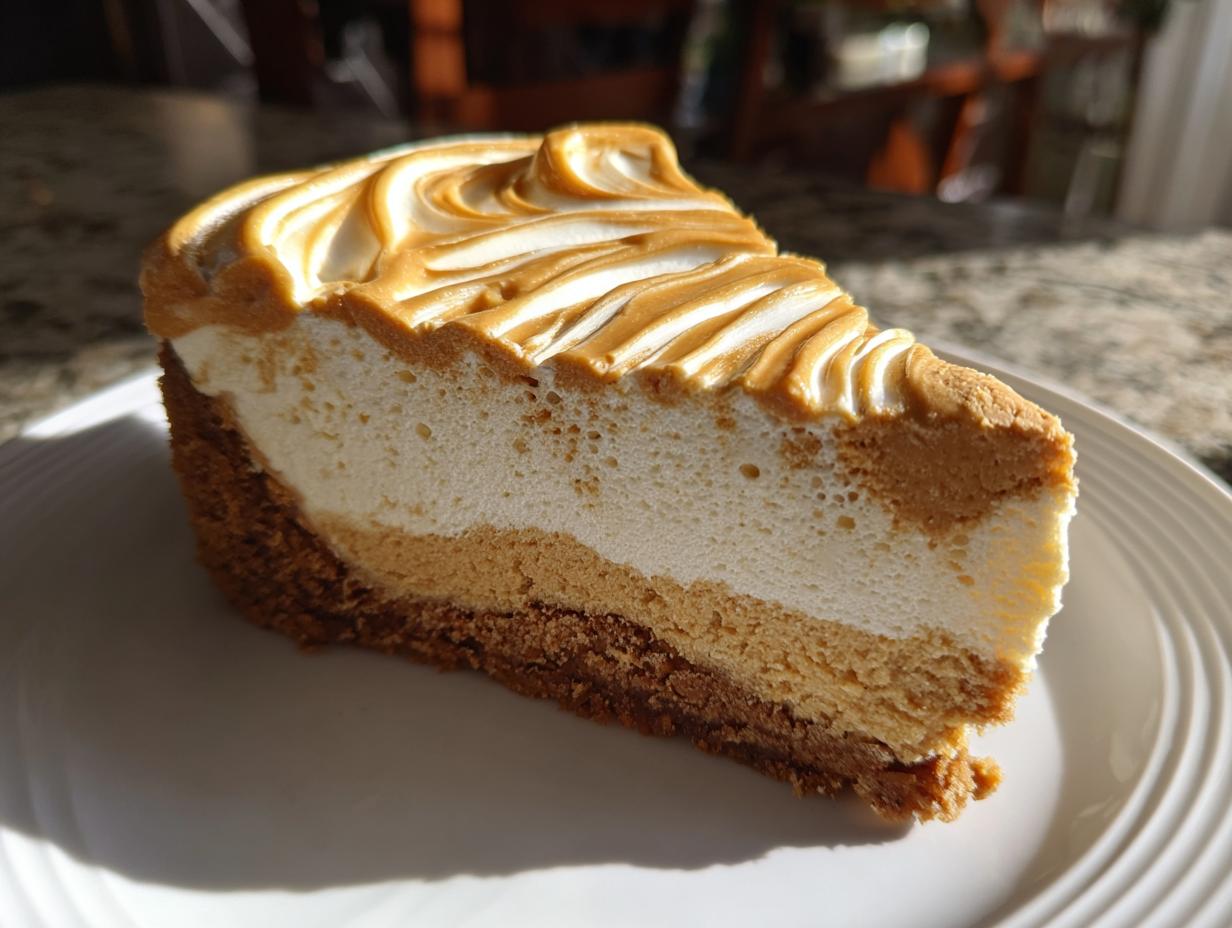 A perfect slice of layered biscoff cheesecake with a graham cracker crust and torched topping.