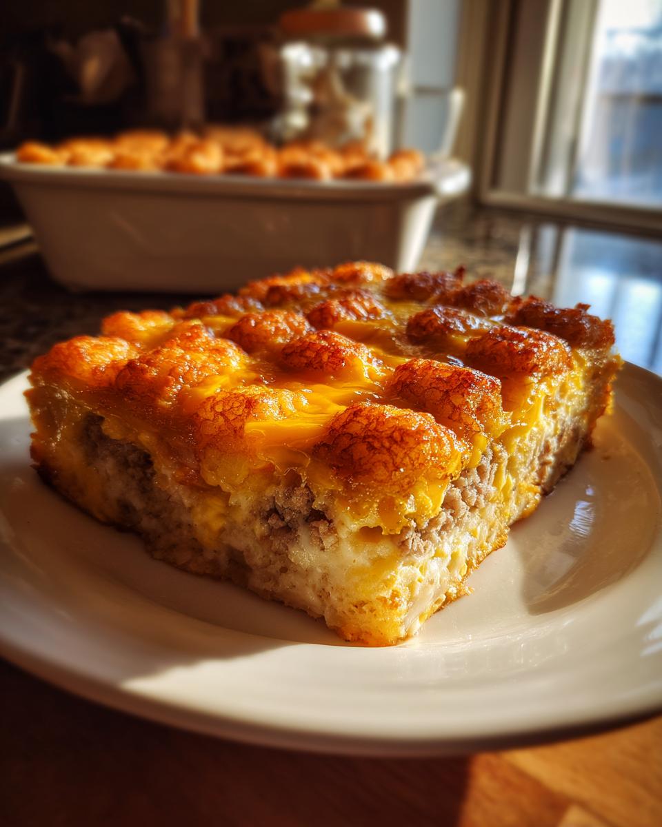 A close-up slice of the amazing 12-egg bake showing layers of sausage, egg, and a crispy, cheesy tater tot topping.