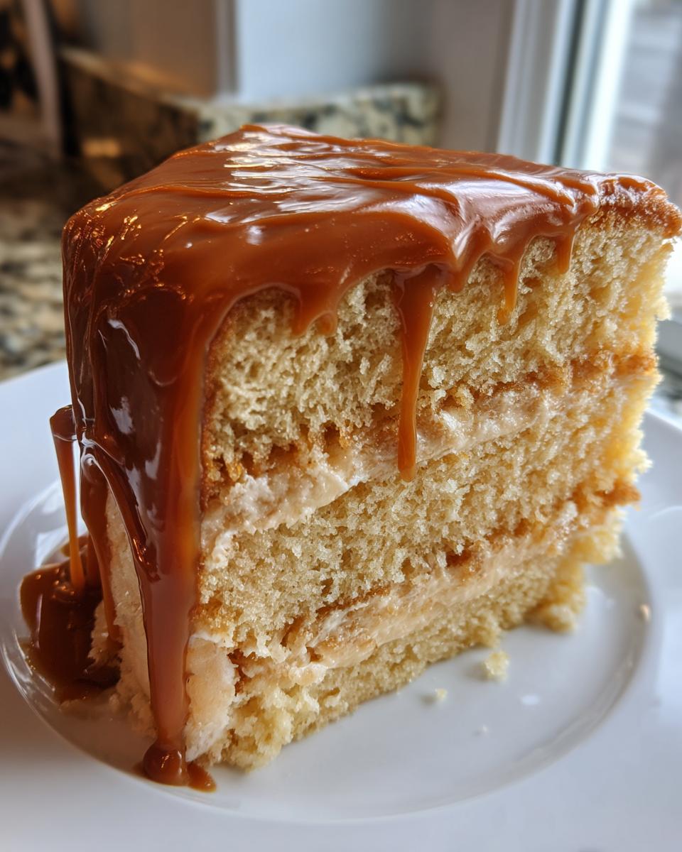 A close-up of a moist slice of caramel cake layered with filling and generously topped with thick, dripping caramel sauce.