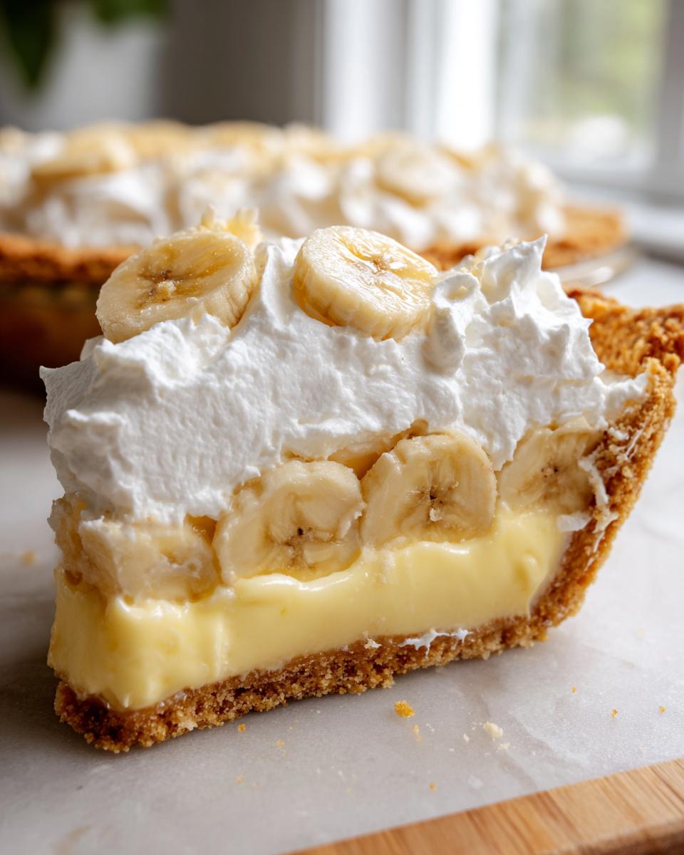 A tall slice of banana cream pie showing layers of graham cracker crust, vanilla custard, sliced bananas, and thick whipped cream topping.