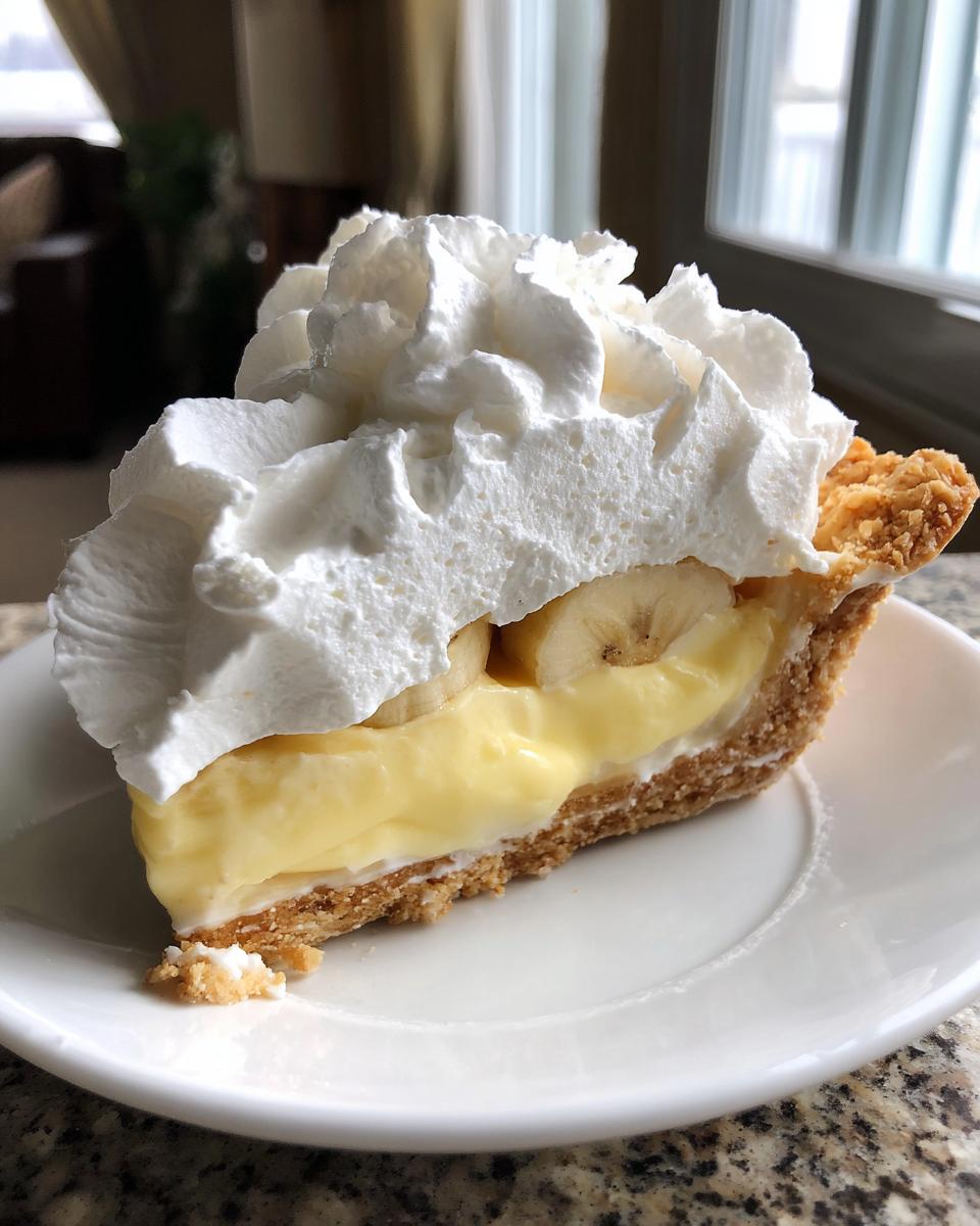 A close-up of a decadent slice of banana cream pie showing layers of crust, vanilla pudding, banana slices, and a mountain of whipped cream.