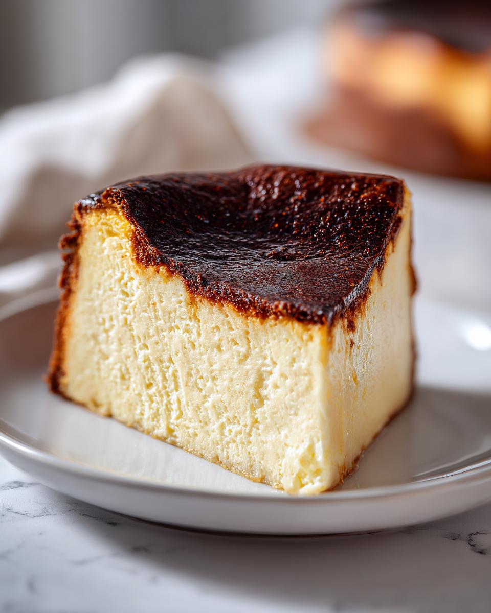 A close-up shot of a creamy slice of basque cheesecake featuring its signature dark, caramelized top.