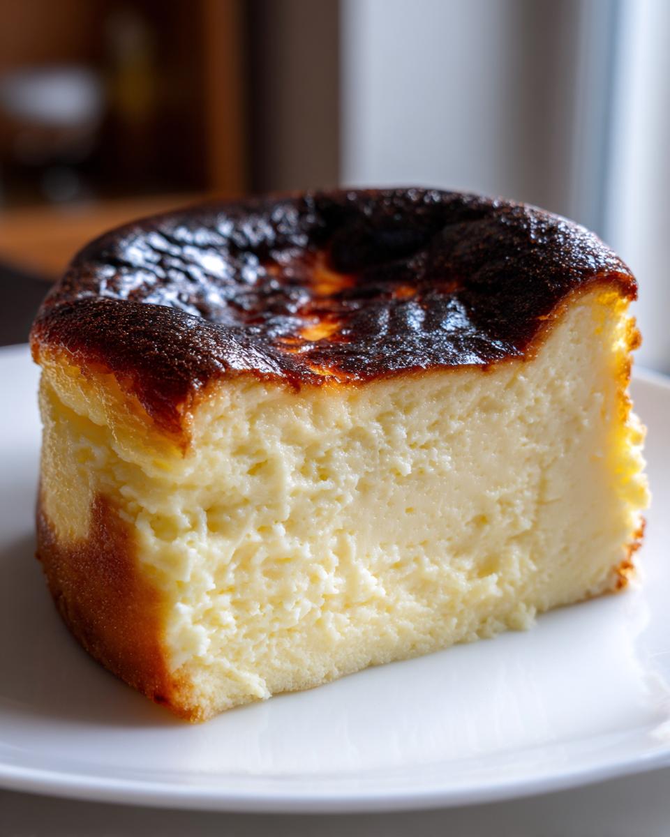 A thick slice of creamy basque cheesecake showing its signature dark, caramelized top and soft interior.