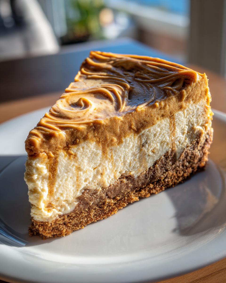 A perfect slice of biscoff cheesecake showing a graham cracker crust, creamy white filling, and a swirled biscoff topping.
